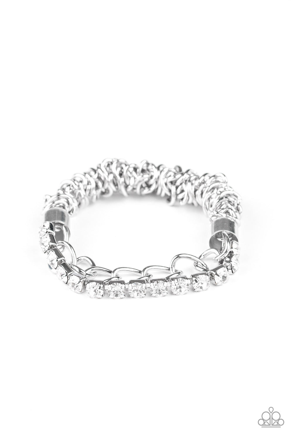 Glamour Grid - White rhinestones stretchy band bracelet
