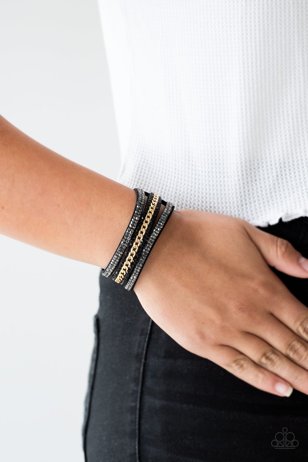 Rollin In Rhinestones - Black/Gold wrap bracelet