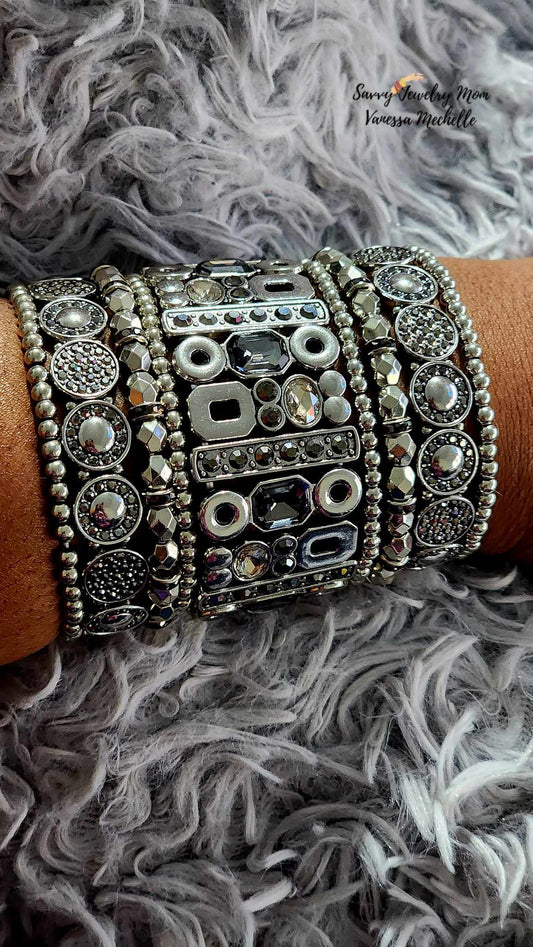 Savvy Wrist Swag #52 (Silver Hematite, 5 piece bracelet set)