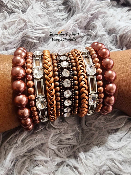 Savvy Wrist Swag #61 (Copper/White Gems, 5 piece bracelet set)