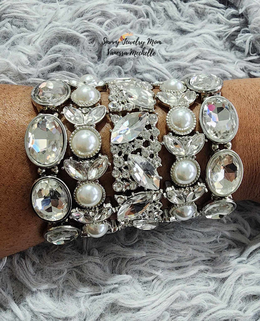 Savvy Wrist Swag #63 (White Gems/Pearl, 5 piece bracelet set)