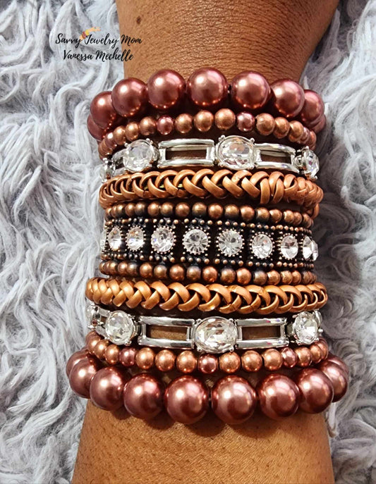Savvy Wrist Swag #61 (Copper/White Gems, 5 piece bracelet set)