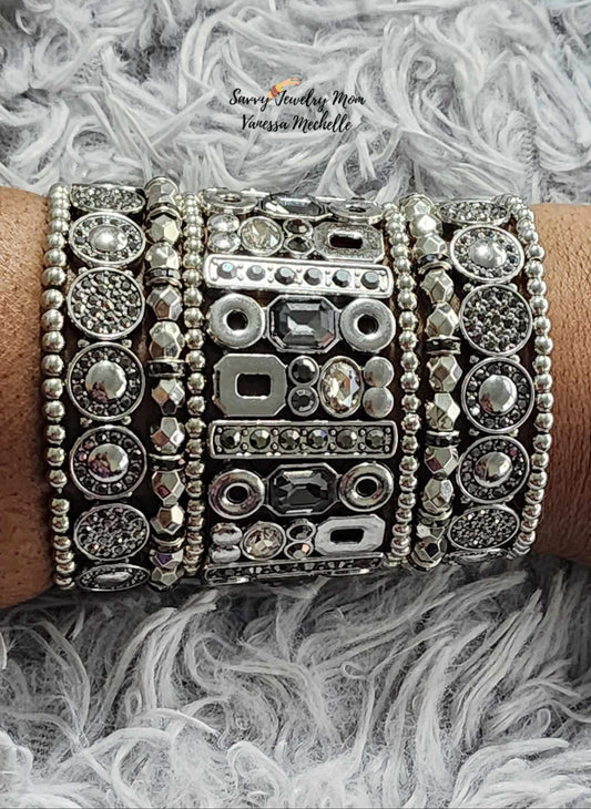 Savvy Wrist Swag #52 (Silver Hematite, 5 piece bracelet set)