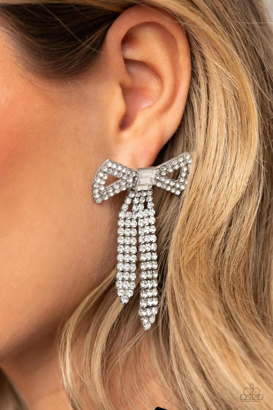 Just BOW With It - White Rhinestones Post Earrings
