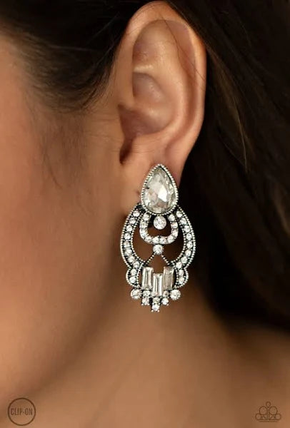 Glamour Gauntlet - White Gem Clip On Earrings