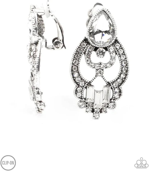 Glamour Gauntlet - White Gem Clip On Earrings