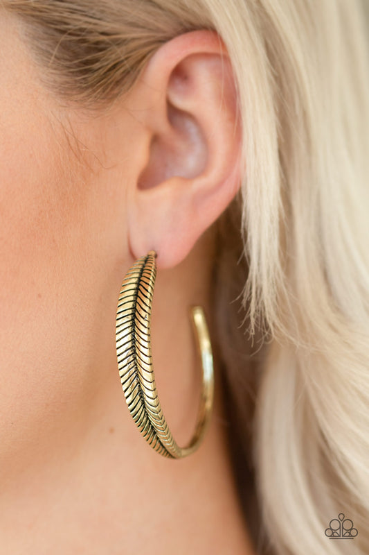 Funky Feathers - Brass hoop earrings
