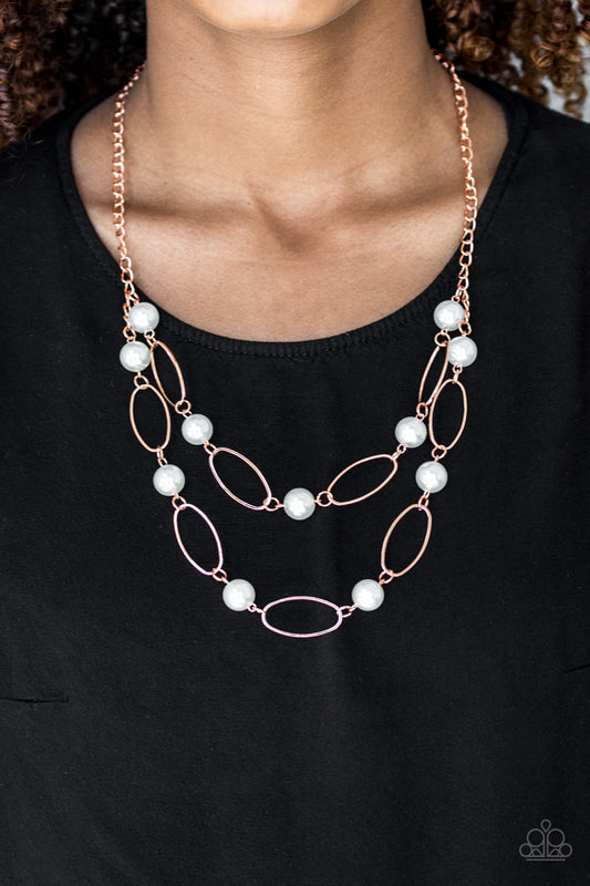 Best Of Both POSH-ible Worlds - Shiny Copper/White Pearls Necklace