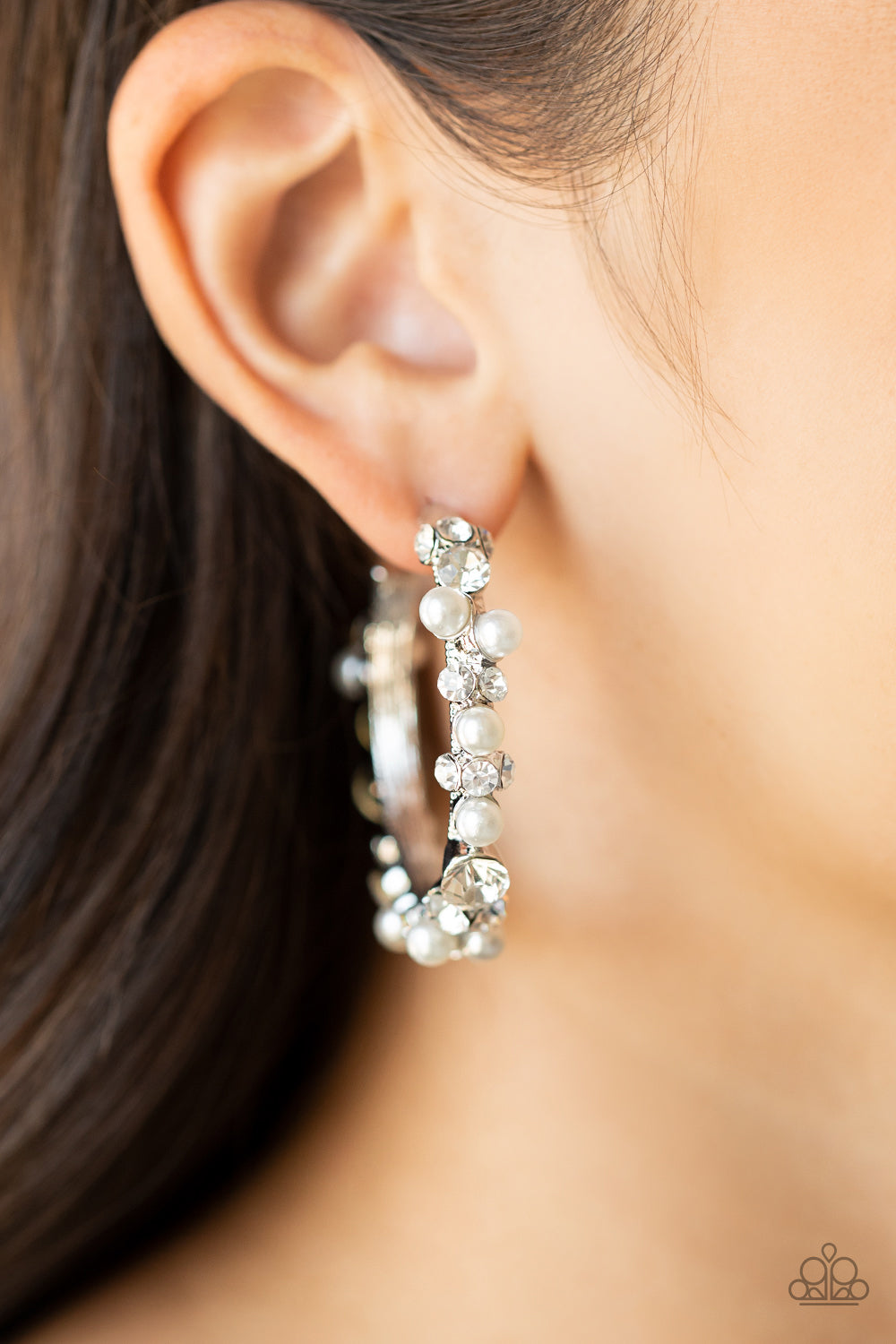 Let There Be SOCIALITE - White rhinestones/Pearl hoop earrings (September Life of the Party)