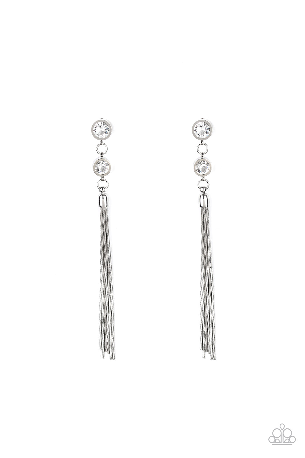 Tassel Twinkle - White gem/silver earrings