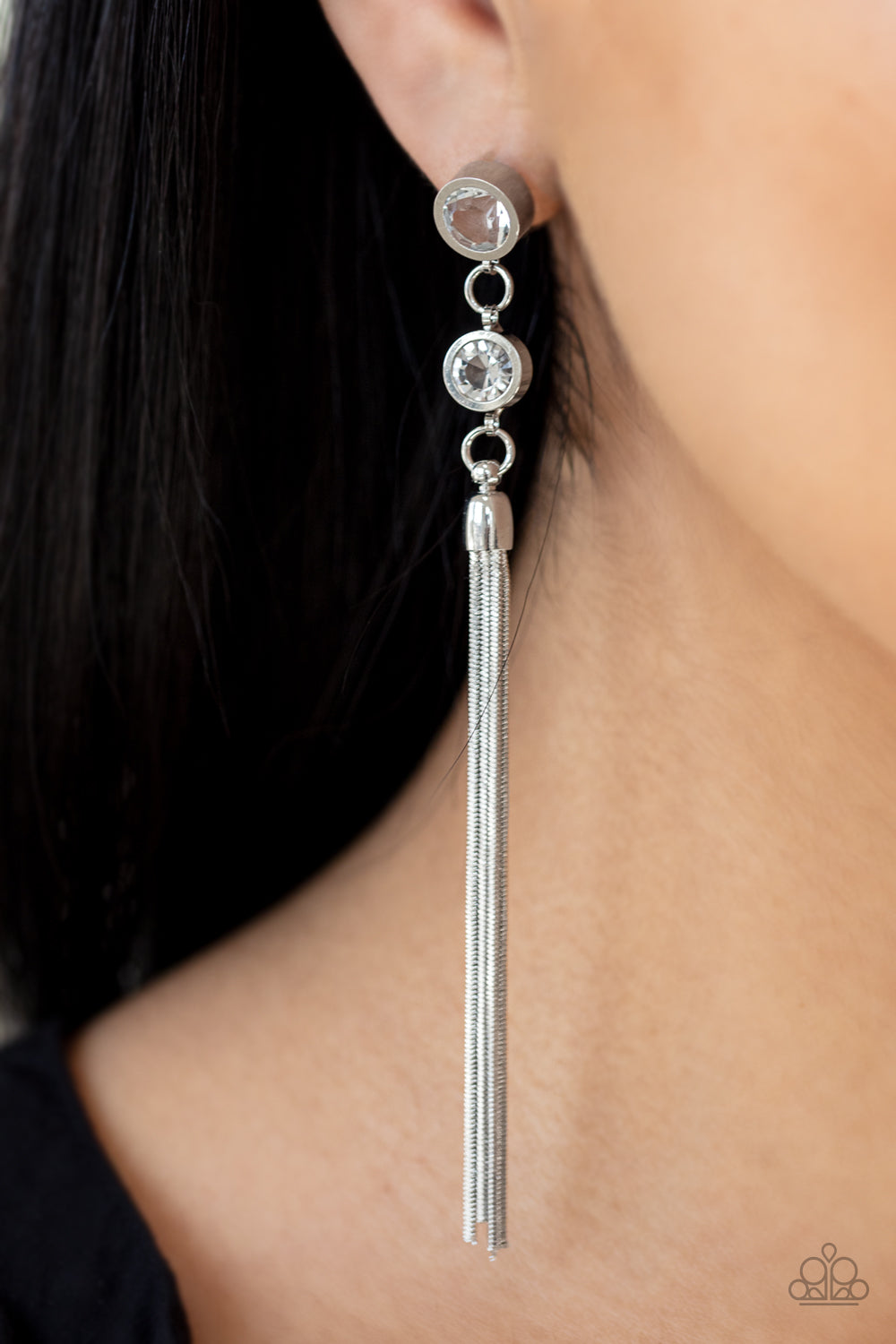 Tassel Twinkle - White gem/silver earrings