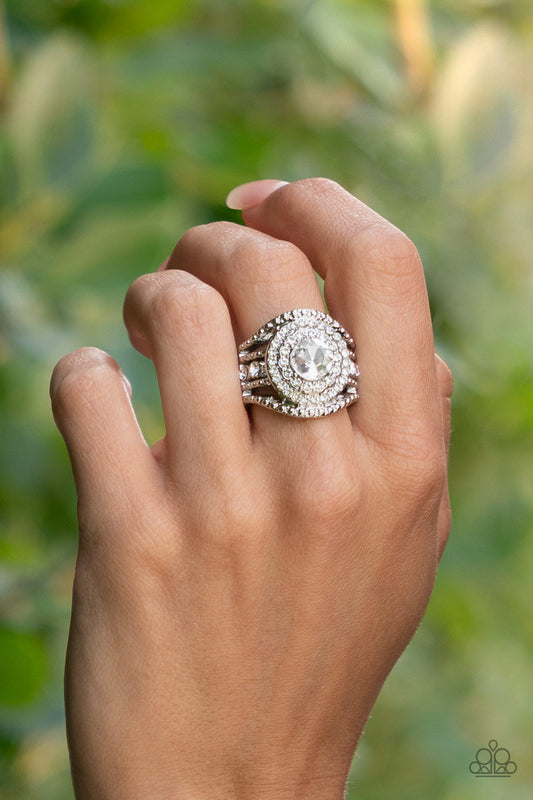 Understated Drama - White rhinestone ring