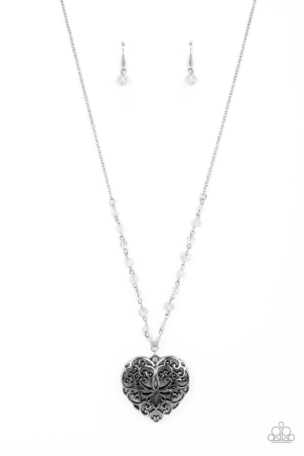 Doting Devotion - White beads/Silver heart necklace