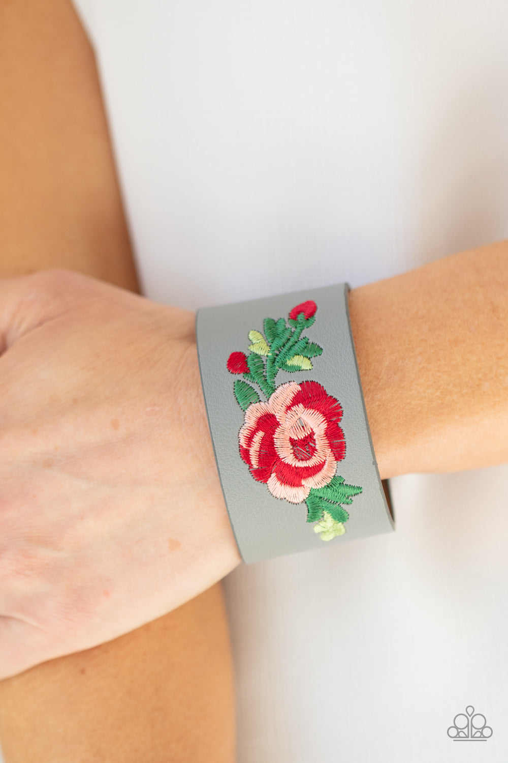 Rebel Rose - Silver Embroidered Rose wrap bracelet