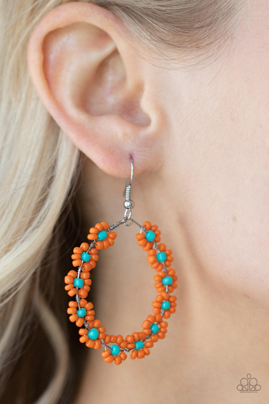 Festively Flower Child - Orange/Blue hoop earrings