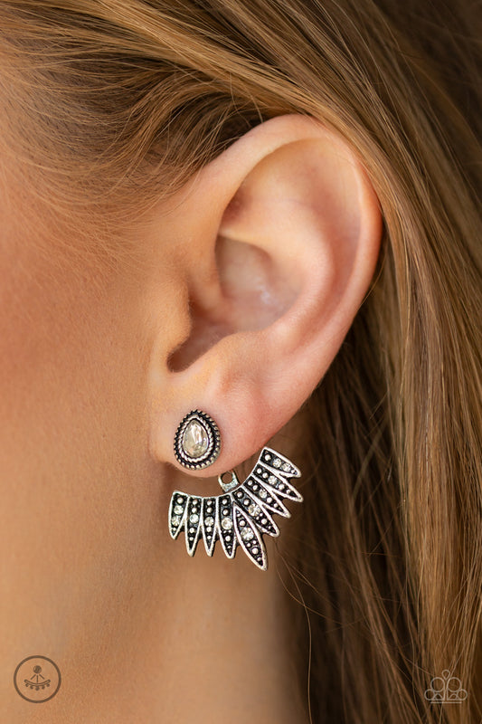 Wing Fling - White rhinestones double-sided post earrings