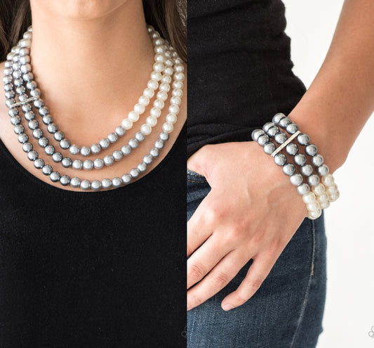 Times Square Starlet - White/Gray pearls necklace w/ matching bracelet