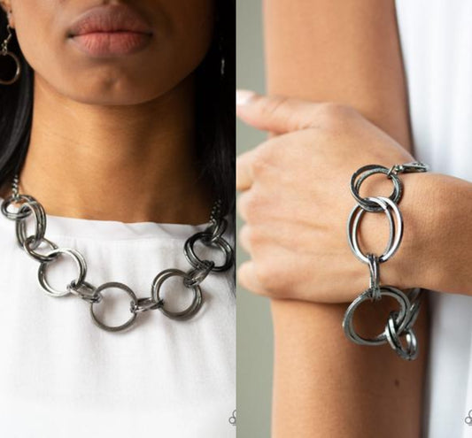 Jump Into The Ring - Black/Gunmetal necklace set w/ matching bracelet