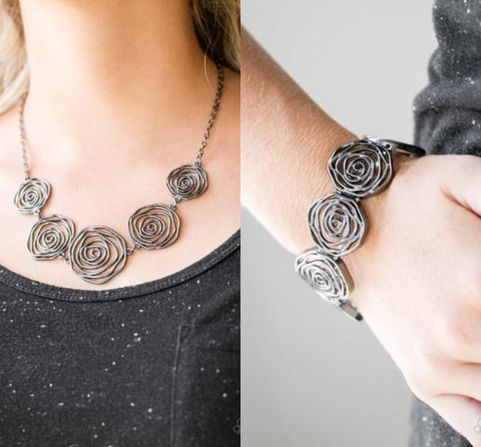 Rosy Rosette - Black/Gunmetal necklace w/ matching bracelet
