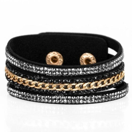 Rollin In Rhinestones - Black/Gold wrap bracelet